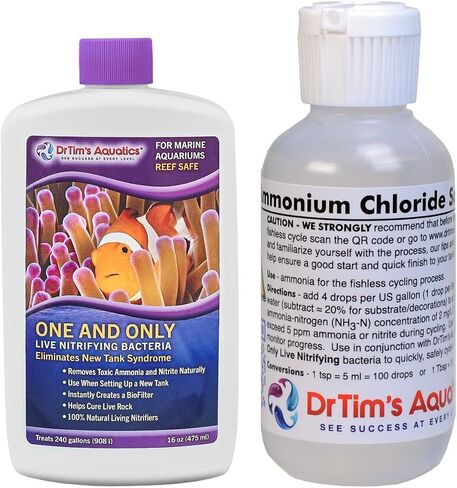 Dr Tim's Ammonium Chloride Solution and Dr Tim One & Only Live Nitrifying Bacteria Fishless Cycle Safe Cycle Aquarium Saltwater Freshwater Reef Seahorse (4oz Ammonium 8oz One Only (Reef 120 Gallon)) in Saudi Arabia