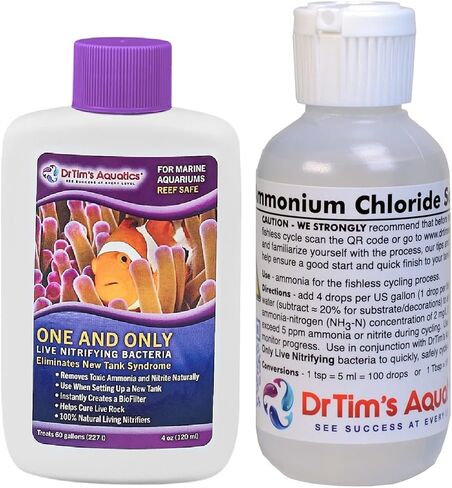 Dr Tim's Ammonium Chloride Solution and Dr Tim One & Only Live Nitrifying Bacteria Fishless Cycle Safe Cycle Aquarium Saltwater Freshwater Reef Seahorse (4oz Ammonium 8oz One Only (Reef 120 Gallon)) in Saudi Arabia