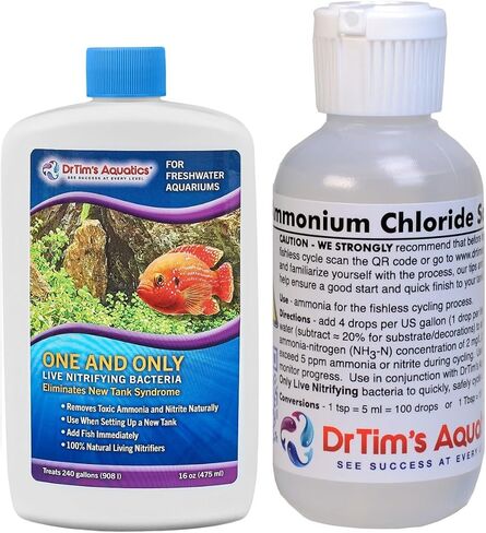 Dr Tim's Ammonium Chloride Solution and Dr Tim One & Only Live Nitrifying Bacteria Fishless Cycle Safe Cycle Aquarium Saltwater Freshwater Reef Seahorse (4oz Ammonium 8oz One Only (Reef 120 Gallon)) in Saudi Arabia