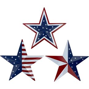 Metal Barn Star Art - American Flag Patriotic 9-Inch Star Wall Decoration, Wall Mount 3D Barn Star Decor July of 4th Decoration, Set of 3
