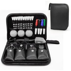 Golf Accessories for Men and Women, Golf Gifts for Him with Leather Case, Golf Brush, Golf Balls, Golf Tees, Golf Ball Clamp, Golf Divot, Golf Ball Line Marker Tool,Golf Ball Marking Stencils (Black)