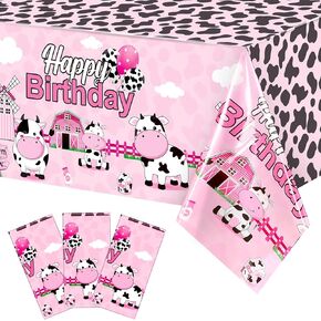 Tiamon 3 Pieces Cow Birthday Party Tablecloth Decorations Plastic Farm Animal Table Cover Pink Cow Print Table Cloths for Farmhouse Girls Happy Birthday Baby Shower Party Supplies, 108 x 54 Inches