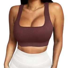 High Impact Sports Bras for Women Square Neck Tank Top Ribbed Seamless Removable Cups Workout Exercise Bra