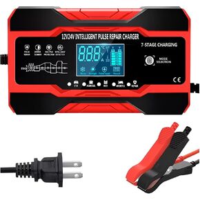 10-Amp Car Battery Charger, 12V and 24V Fully Automatic Smart Car Battery Desulfator, Battery Maintainer Trickle Charger, Battery Maintainer with Temperature Compensation for Boat Motorcycle