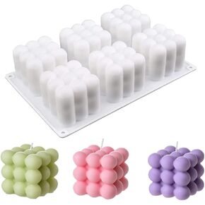 Candle Molds for Candle Making, 6 Cavity Bubble Candle Molds for Soap Making, 3D Cube Silicone Mold for Soy Wax, Dessert Mousse Cake Baking, Homemade Ornaments DIY Craft, Christmas Eve Decoration