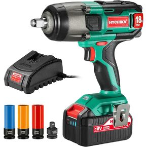 Cordless Impact Wrench 18V Max, HYCHIKA 260 Ft-lbs Max Torque Impact Wrench, 1/2" Metal Chuck, 4.0 AH Battery with 2H Fast Charger, LED Light, 3 Pcs Sockets & 1/2" to 3/8" Adapter, Carrying Case