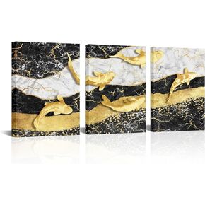 SiMiWOW Abstract Painting Koi Fish on Lake Canvas Print Black and Gold Marble Pattern Wall Art for Aquarium Room Living Room