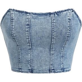 Verdusa Women's Zipper Strapless Sleeveless Denim Tube Crop Bandeau Top