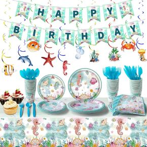 158 قطعة من لوازم الحفلات تحت البحر، أدوات مائدة لحفلات البحر المحيط، ديكورات حفلات تحت الماء، أطباق ورقية لحيوانات البحر اللطيفة، مناديل، أكواب، مفرش طاولة، شاطئ البحر، لوازم حفلات أعياد الميلاد 16 ضيفًا in Kuwait
