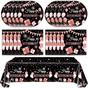 41PCS Retirement Decorations for Women Black Rose Gold Themed Retirement Decor Plates Napkins Tablecloth Set for Retirement Party Supplies