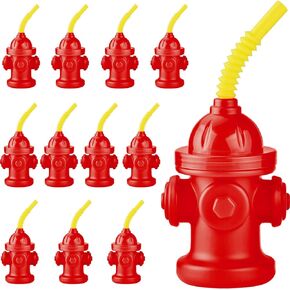 ALINK 12 PCS Fire Hydrant Cups with Straws and Lids for Paw Patrol Party Decorations, 10 oz Firefighter Firetruck Birthday Party Decorations, Reusable Red Plastic Dog Party Supplies
