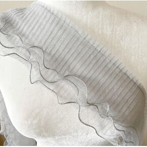 PEPPERLONELY 1 Yard 3-Layer Pleated Tulle Lace Chiffon Fabric Ribbon Fringe Elastic Ruffle Trim Dress Collar Cuffs DIY Sewing Material, 5 Inches Width, White