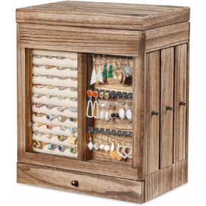 Honiway Jewelry Box for Women with Glass Window, 5 Layer Large Wood Jewelry Boxes & Organizers with 3 Side Drawers and Mirror for Earrings, Necklaces, Rings, Bracelets, Mother's Day Gifts (Brown)