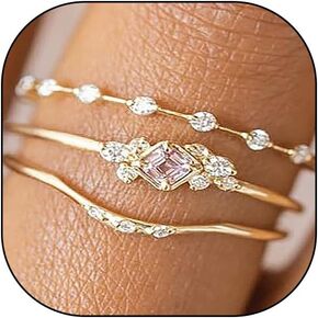 14K Gold Stackable Cubic Zirconia Rings, Sparkling Pink Blue Crystal Thumb Ring Set, Dainty Wedding Anniversary Statement Jewelry Gifts for Women Teen Girls