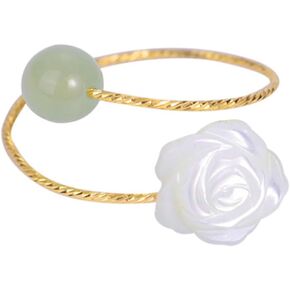 Gold Camelia Flower Jade Rings for Women Teen Girls,Floral Open Jade Ring Adjustable Hetian Green Jade Beaded Gold Ring,Natural Jade Stone Stackable Ring