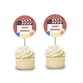 Movie Cupcake Toppers 12pcs, for Girl or Boy, Hollywood Star, Movie Night Party Birthday Decoration, Favors, Oscar Party Supplies