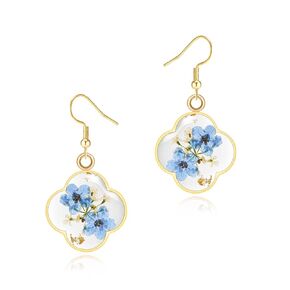 Jayden Four Leaf Clover Earrings for Women - Daffodil and Queen Anne's Lace Pressed Flower Earrings,Handmade Boho Jewelry,Lucky Clover Pendant,Uniquely Suitable For Gifting | Rose Gold
