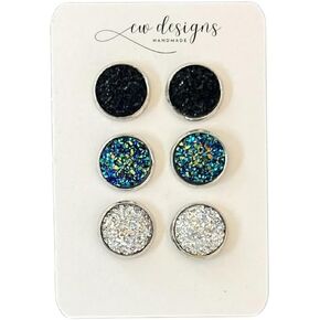 Druzy Stud Earring Set - Silver Blue and Black Faux Druzy Stud Earrings in Saudi Arabia