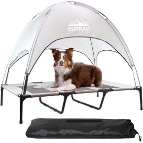 Outrav Pet Cot with Canopy Shade Tent & Carry Along Travel Bag – Portable Foldable Indoor Outdoor Cooling Elevated Dog Bed with Removable Pop Up Sunshade Dome Gazebo Awning, Large or XL – Gray