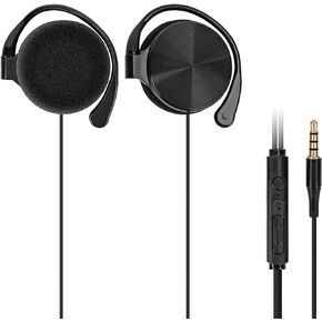 GEEKRIA Wired Clip On Ear Headphones, Portable Hook On Ear Headphones with Microphone and Call Controller Compatible with Android, MAC, Windows, Avoid Headphone Hair (Black)