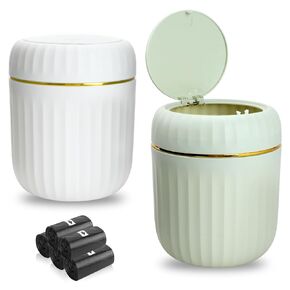 2 Pcs Mini Desktop Trash Can with 5 Rolls of Trash Bags, Waste Can with Press Type Lid, Tiny Countertop Garbage Bin for Bathroom Kitchen Office Home Desk Bedroom Vanity Tabletop
