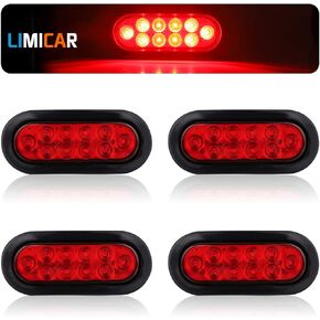 LIMICAR 4 Red Oval Trailer Lights, 6" 10 LED Flatbed Light Kit, LED Tail Lights for Trucks, Trailer Tail Lights LED, Stop Turn Tail Brake Light w/Rubber Grommet for 12V Truck Trailer RV UTV
