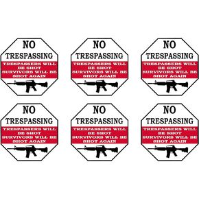 Rogue River Tactical Funny No Trespassing Warning Security Sticker Trespassers Will Be Shot Survivors Shot Again 6 Pack Sign Sticker Decal Window Door Indoor Outdoor 3x3 inch Gun