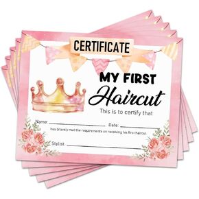 25 شهادة قص شعر التاج الوردي للفتيات الصغيرات، شهادة تذكار لقص الشعر الأول للفتيات، علامة بارزة، جائزة قص الشعر الأولى للفتيات والأطفال مقاس 8 بوصات × 10 بوصات - FS222 in Kuwait