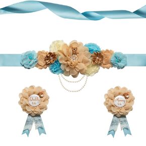 Teddy Bear Maternity Sash Set Daddy and Mommy to be sash Corsage Pin Flowers Baby Shower Souvenir Sash Supplies Gender Reveal Decorations Pregnancy Photography Props（SkyBlue Color）
