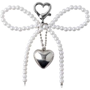 Y2k Keychain Accessories Silver Heart Pendant Pearl Bow Key Chain Phone Charm Sweet Bow Cute Keychains for Women Bag Charms Key Rings for Car Keys Bow Charms Key Chains Bowknot Key Ring Girl Key Rings