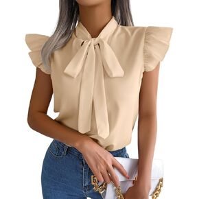 Rooscier Women's Bow Tie Neck Ruffle Cap Sleeve Elegant Office Blouse Shirt Tops