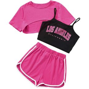 SweatyRocks Girl's 3 Pieces Summer Outfits Letter Print Camisole and Short Sleeve Crop Tops with Shorts Set