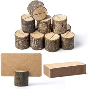 12Pcs Mini Rustic Wood Place Card Holders and 24Pcs Kraft Table Place Cards, Rustic Mini Table Number Holders, Table Sign Stand, Name Card Photo Picture Holders for Wedding, Party, Birthday.