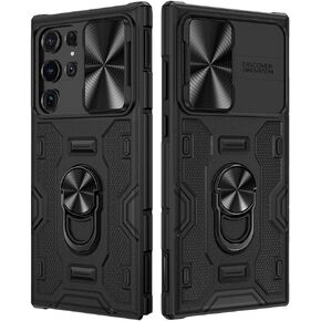 VEGO for Galaxy S22 Ultra Case with Slide Camera Cover, Built-in 360° Rotate Ring Kickstand Magnetic Shockproof Cover Case for Samsung Galaxy S22 Ultra 5G 6.8 inch 2022 Armor Style - Black