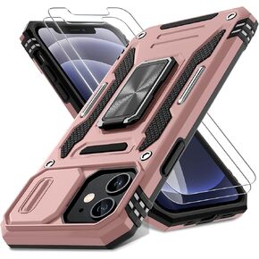 DEERLAMN Case for iPhone 12/12 Pro with Slide Camera Cover+Screen Protector(2 Packs),Rotated Ring Kickstand Military Grade Shockproof Protective Cover-Black