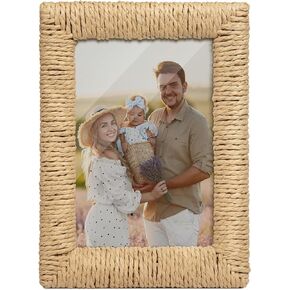 takfot Boho Picture Frame 5x7, Natural Paper Rope Rattan Photo Frame with Real Glass, Wall & Tabletop Display, Gifts for Family Friends