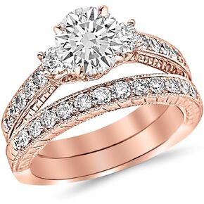 14K White Gold 3 Carat LAB GROWN DIAMOND Three Stone Vintage With Milgrain & Filigree Bridal Set with Wedding Band & Round Cut Diamond Engagement Ring (D-E Color VS1-VS2 Clarity 2 Ct Center)