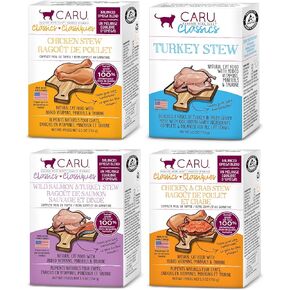 Caru - Classic Stews for Cats - Variety Pack - Healthy Functional Wet Cat Food or Food Topper - Chicken, Turkey, Wild Salmon & Turkey, Chicken & Crab Stews - 5.5oz Cartons - Pack of 4