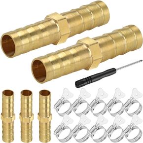 Barb Hose Fitting Brass Gas Hose Connector 6mm Straight Coupler Quick Connector Adapter for Air Gas Water Fuel, with Stainless Steel Pipe Clamps, Barb Mender Pipe Fitting, 5 Pcs