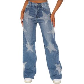 Women's High Waist Rhinestone Denim Pants Star Baggy Straight Wide Leg Jeans Y2k E-Girl Jeans Streetwear