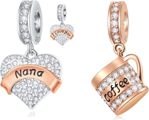 طقم مكون من قطعتين من الذهب الوردي I Love You Nana وقلادة فنجان قهوة تناسب سوار DIY، من الفضة الإسترلينية 925، هدية عيد الميلاد للجدة in Kuwait