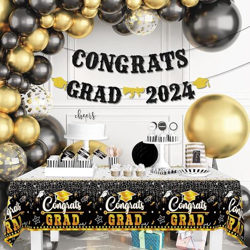 3 قطع من مفارش طاولة التخرج، أغطية طاولات Gongrats Grad، مفارش مائدة لحفلات التخرج للاستعمال مرة واحدة، ديكورات حفلات التخرج باللونين الأسود والذهبي، أغطية طاولة من الألومنيوم لفئة 2024 لتزيين حفلات التخرج in Kuwait