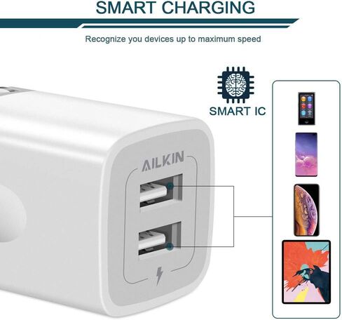 شاحن حائط USB، محول شاحن قابل للطي، AILKIN 2Pack 2.4Amp ثنائي المنفذ شاحن سريع قابس مكعب AC صندوق سفر لهاتف iPhone 15 14 Pro Max 13 12 11Pro Max/XS/XR/8/7 Plus، Samsung Galaxy S10/S9/S8 Edge in Kuwait