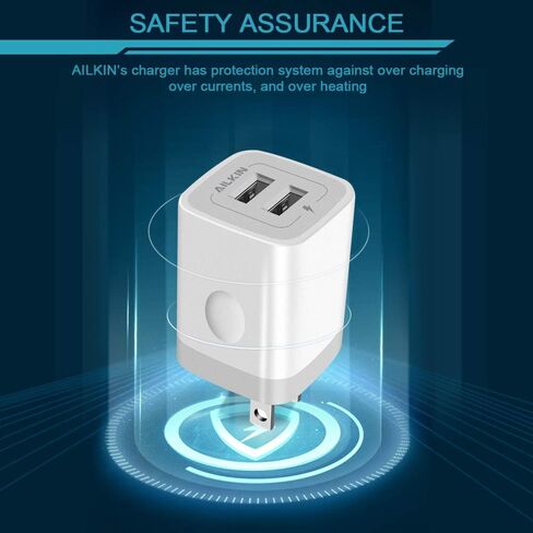 شاحن حائط USB، محول شاحن قابل للطي، AILKIN 2Pack 2.4Amp ثنائي المنفذ شاحن سريع قابس مكعب AC صندوق سفر لهاتف iPhone 15 14 Pro Max 13 12 11Pro Max/XS/XR/8/7 Plus، Samsung Galaxy S10/S9/S8 Edge in Kuwait