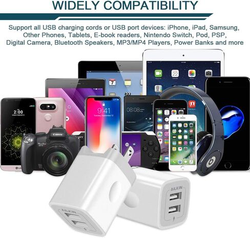 شاحن حائط USB، محول شاحن قابل للطي، AILKIN 2Pack 2.4Amp ثنائي المنفذ شاحن سريع قابس مكعب AC صندوق سفر لهاتف iPhone 15 14 Pro Max 13 12 11Pro Max/XS/XR/8/7 Plus، Samsung Galaxy S10/S9/S8 Edge in Kuwait