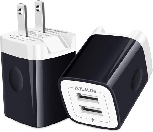Travel USB Wall Charger, AILKIN 2.4A/2Pack Dual Foldable USB Plug, Dual Port Small Charger Cube USB Box Charger Base Power Outlet Block for Smart Cell Phone XR XS XS MAX Fast Charging Box-Black in Kuwait