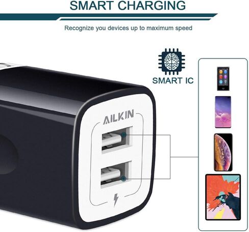 Travel USB Wall Charger, AILKIN 2.4A/2Pack Dual Foldable USB Plug, Dual Port Small Charger Cube USB Box Charger Base Power Outlet Block for Smart Cell Phone XR XS XS MAX Fast Charging Box-Black in Kuwait