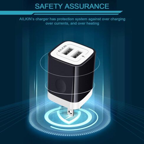 Travel USB Wall Charger, AILKIN 2.4A/2Pack Dual Foldable USB Plug, Dual Port Small Charger Cube USB Box Charger Base Power Outlet Block for Smart Cell Phone XR XS XS MAX Fast Charging Box-Black in Kuwait