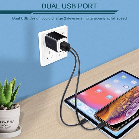 Travel USB Wall Charger, AILKIN 2.4A/2Pack Dual Foldable USB Plug, Dual Port Small Charger Cube USB Box Charger Base Power Outlet Block for Smart Cell Phone XR XS XS MAX Fast Charging Box-Black in Kuwait
