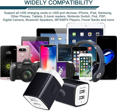 Travel USB Wall Charger, AILKIN 2.4A/2Pack Dual Foldable USB Plug, Dual Port Small Charger Cube USB Box Charger Base Power Outlet Block for Smart Cell Phone XR XS XS MAX Fast Charging Box-Black in Kuwait